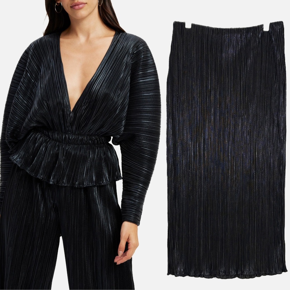 Good American Deep V Plisse Dolman Sleeve Top & Skirt Set Size XL Black Metallic